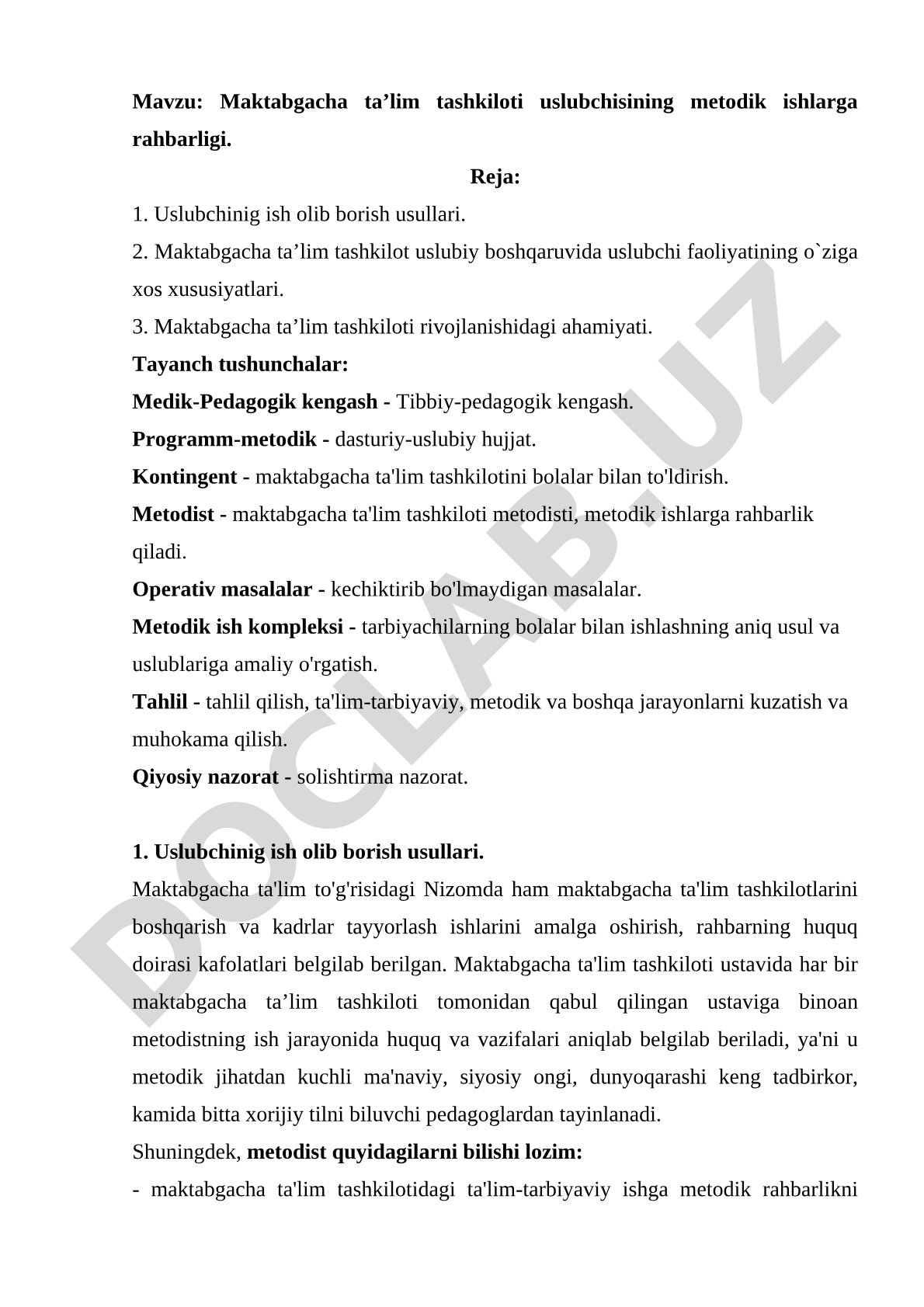 Maktabgacha ta’lim tashkiloti uslubchisining metodik ishlarga rahbarligi
