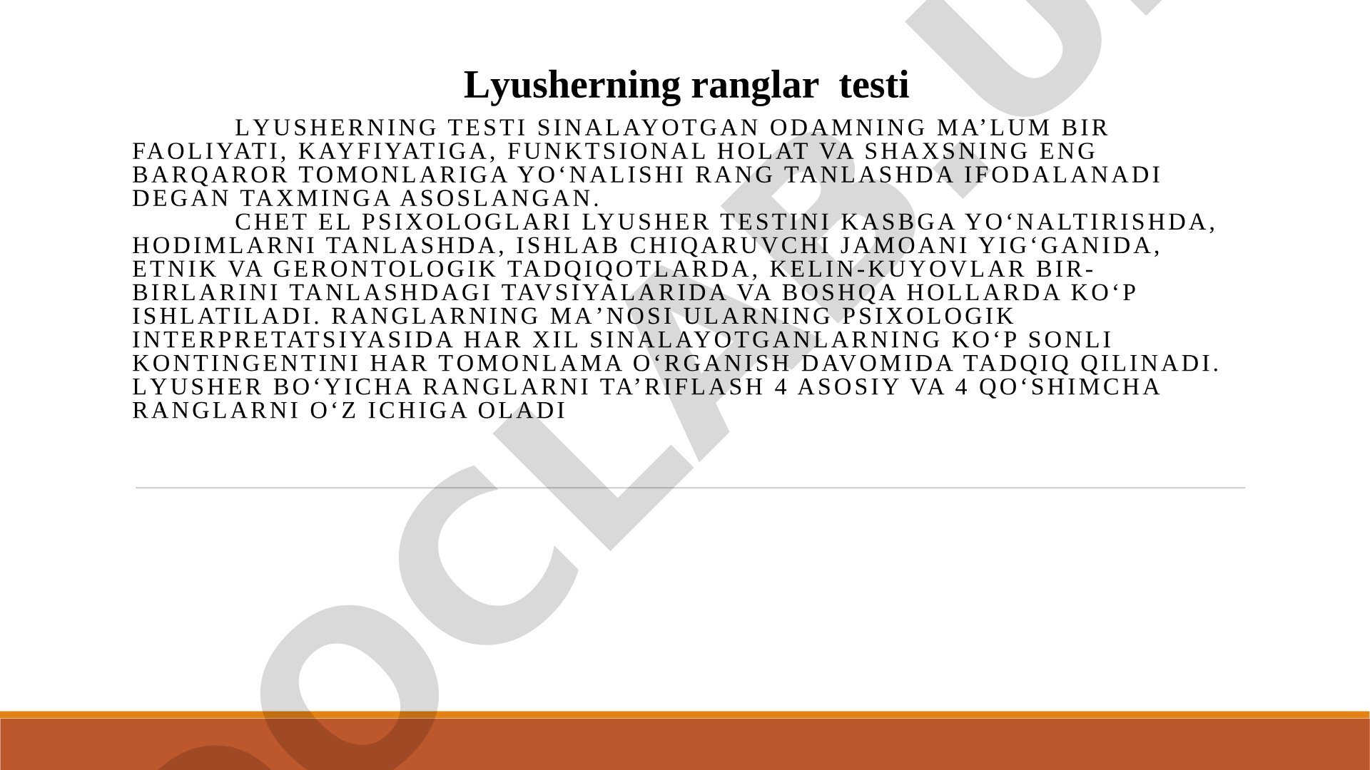 Lyusher ranglar testining asosiy va qo'shimcha ranglari, ularning psixologik ma'nosi