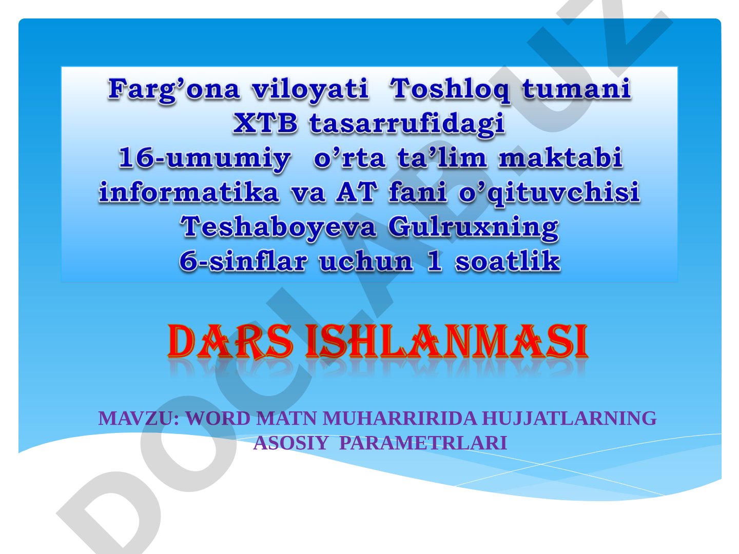 WORD MATN MUHARRIRIDA HUJJATLARNING ASOSIY PARAMETRLARI