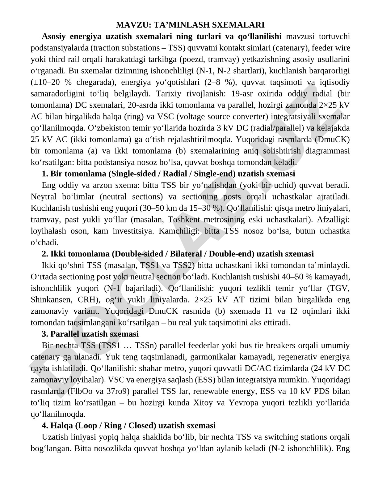 TA’MINLASH SXEMALARI Asosiy energiya uzatish sxemalari ning turlari va qo‘llanilishi