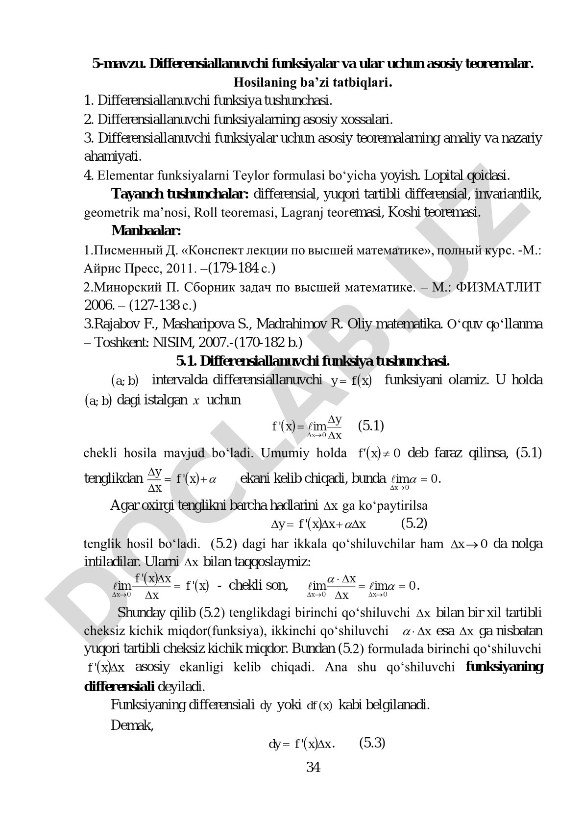 Differensiallanuvchi funksiyalar va ular uchun asosiy teoremalar