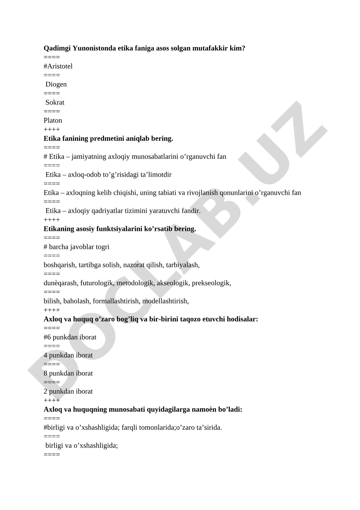 Etika fani asoslari: predmet, funksiyalar, axloq va huquq