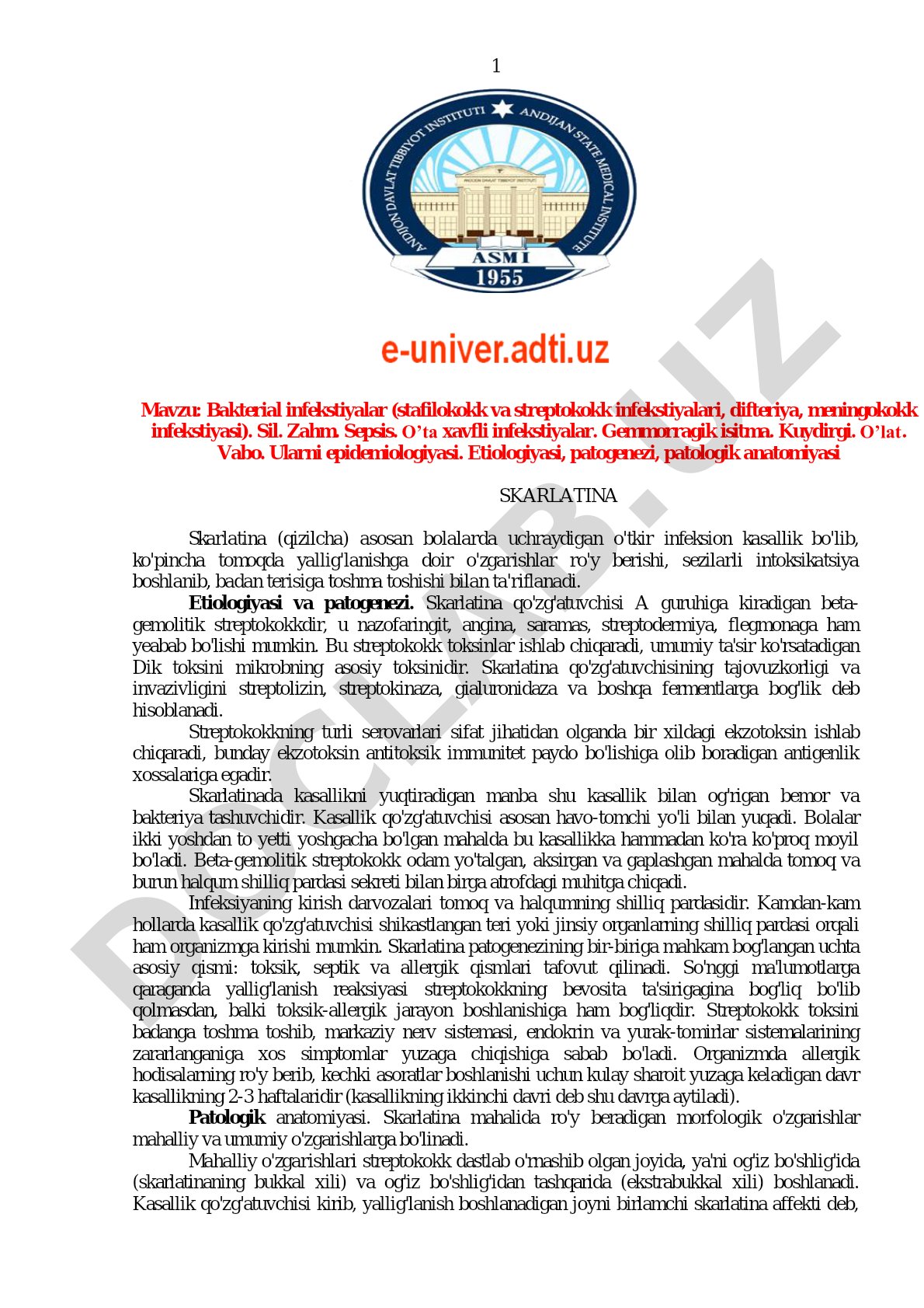 Bakterial infekstiyalar (stafilokokk va streptokokk infekstiyalari, difteriya, meningokokk infekstiyasi)