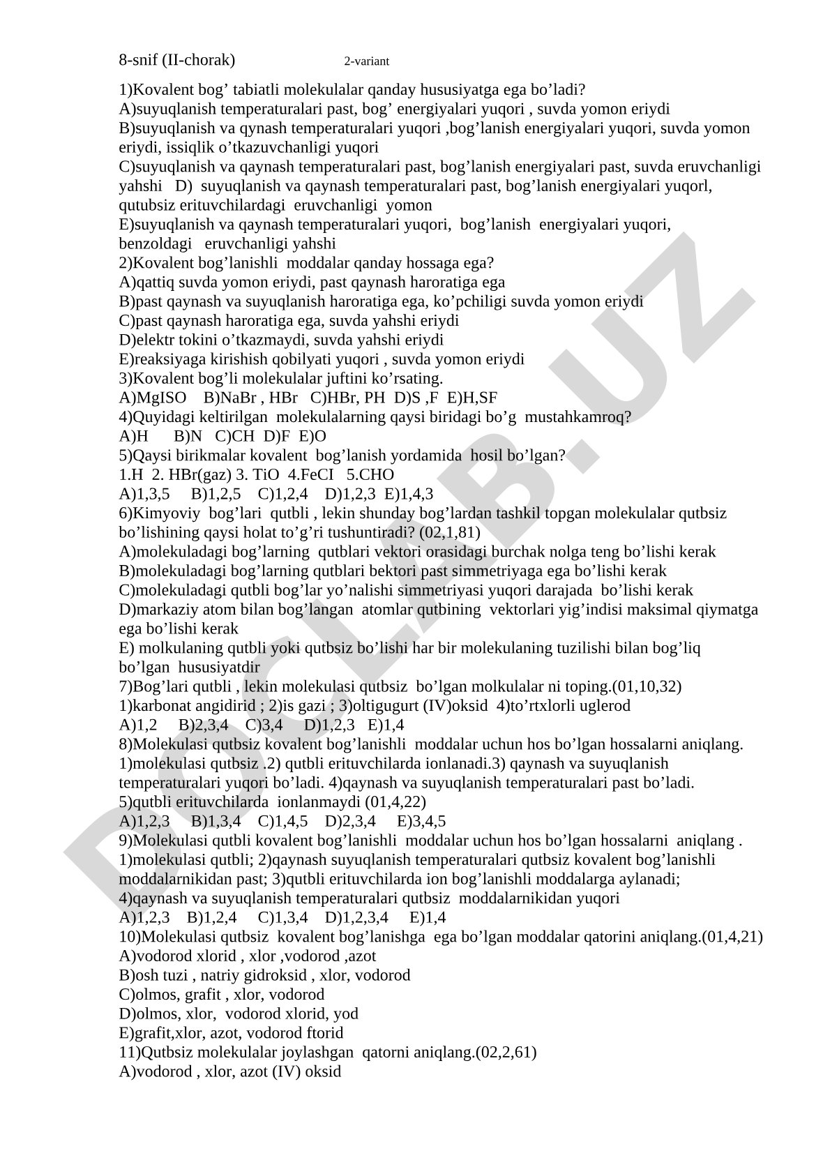 Kovalent bog'lanish bo'yicha test savollari