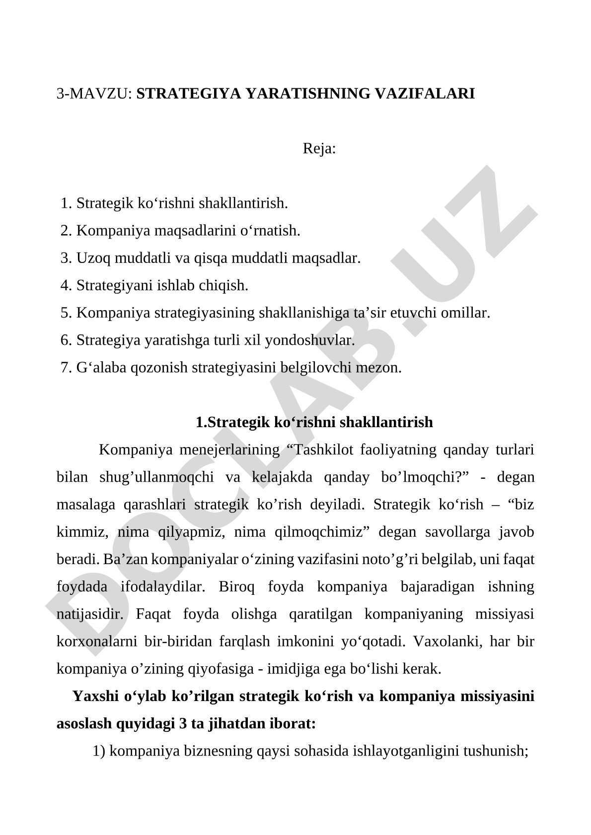 Strategik ko'rish, maqsadlar, strategiyani ishlab chiqish va omillar haqida