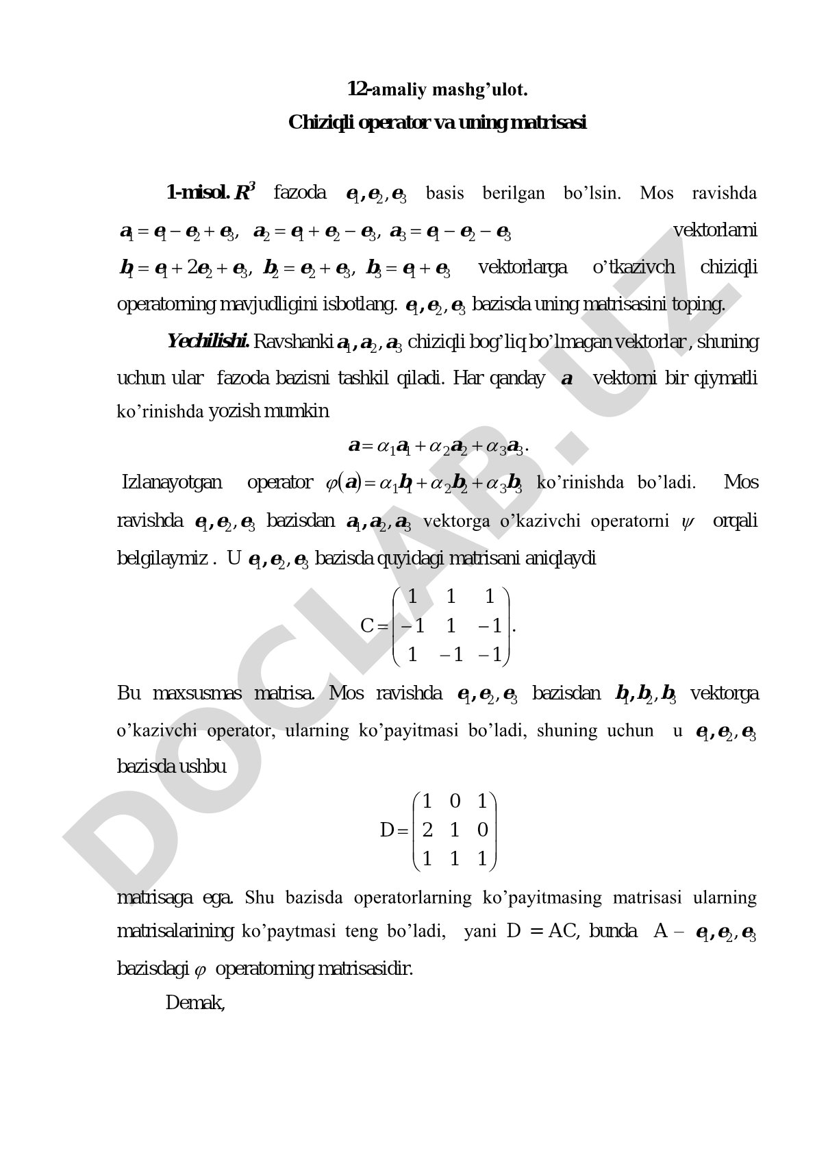 Chiziqli operator va uning matrisasi
