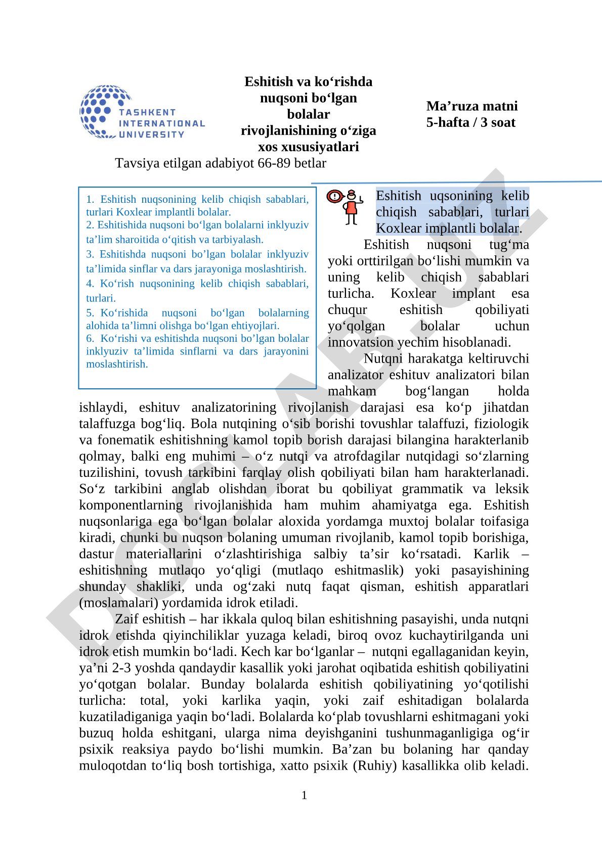 Eshitish va ko‘rishda nuqsoni bo‘lgan bolalar rivojlanishining o‘ziga xos xususiyatlari