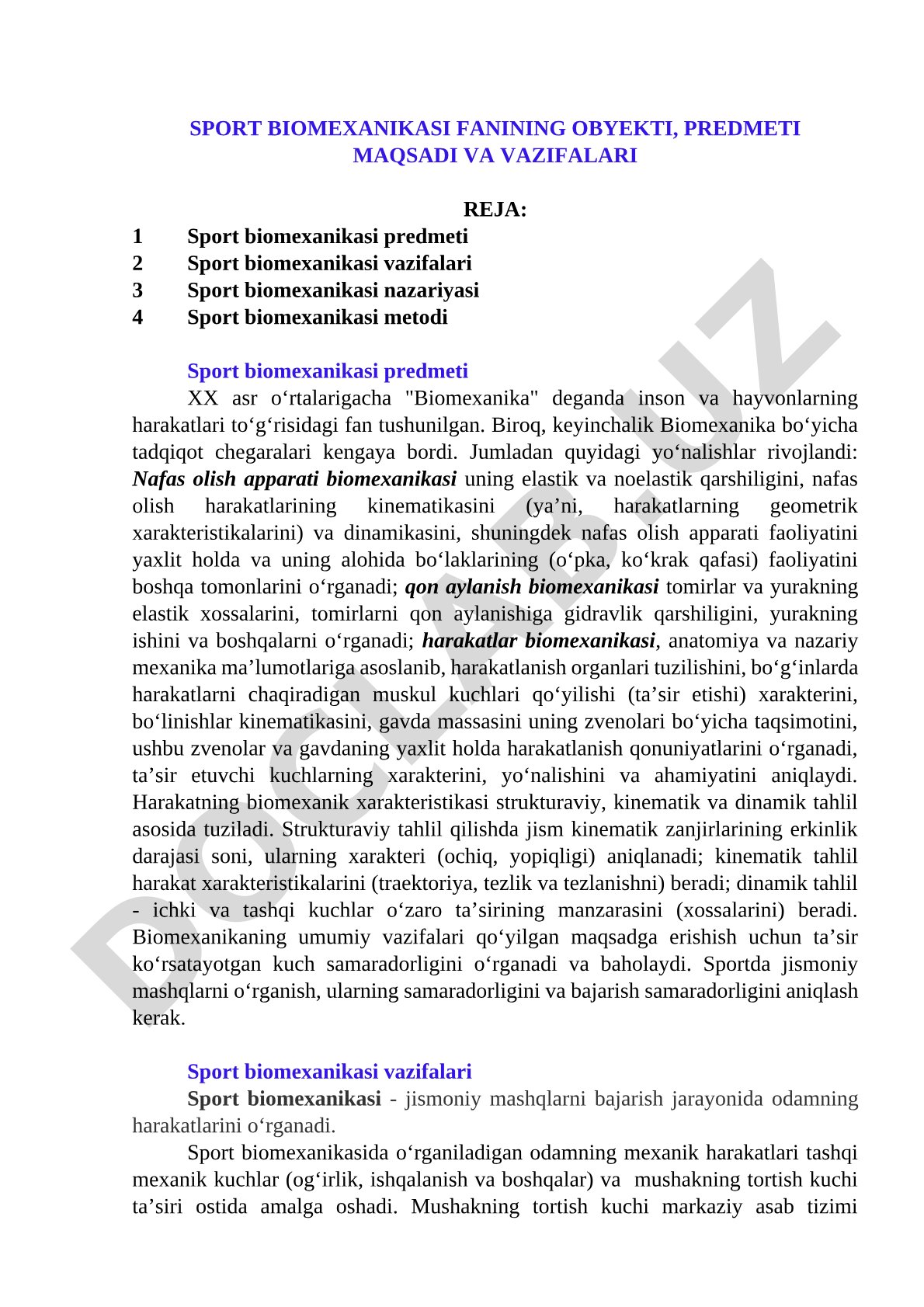 Sport biomexanikasi fanining obyekti, predmeti maqsadi va vazifalari