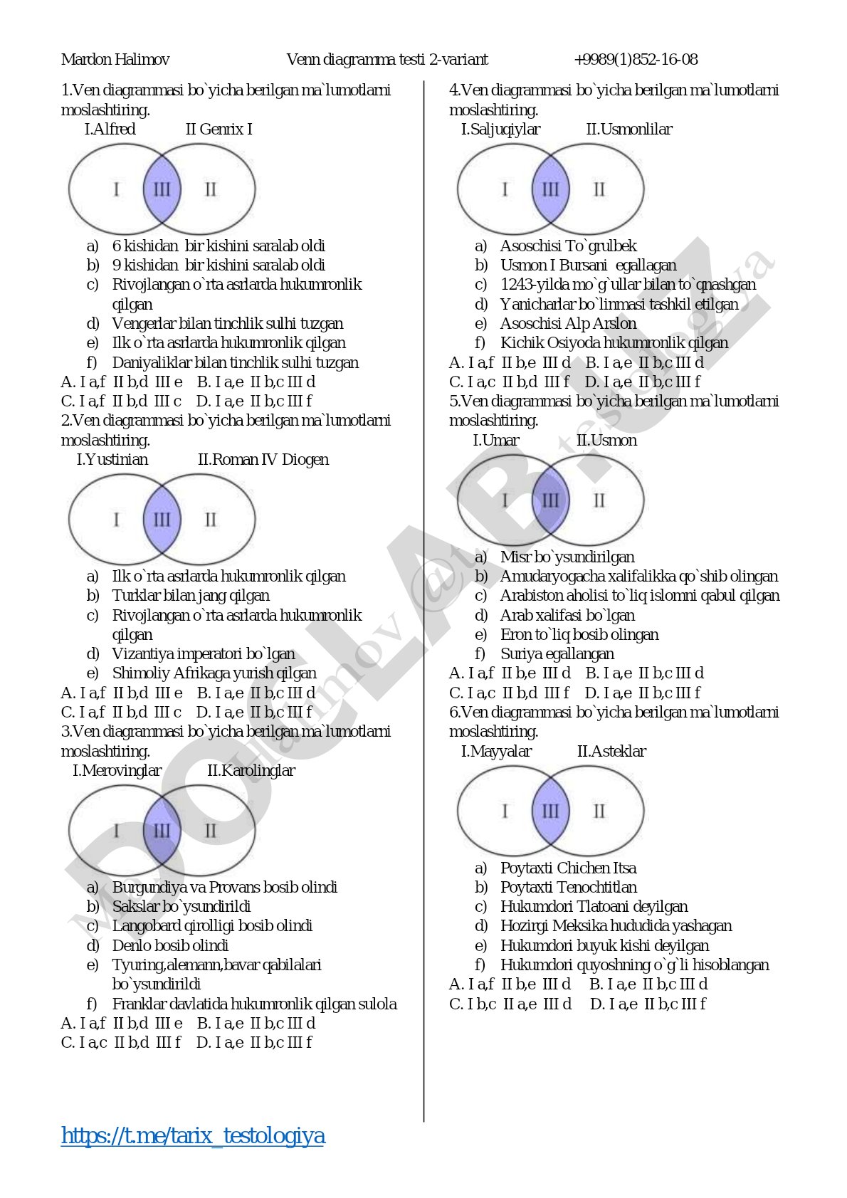 Venn diagrammasi bo'yicha tarix testi 2-variant