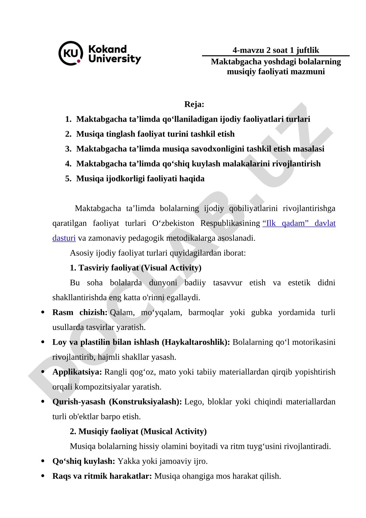 Maktabgacha yoshdagi bolalarning musiqiy faoliyati mazmuni