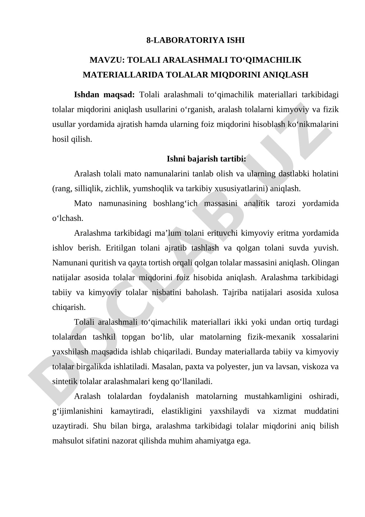 Tolali aralashmali to'qimachilik materiallarida tolalar miqdorini aniqlash