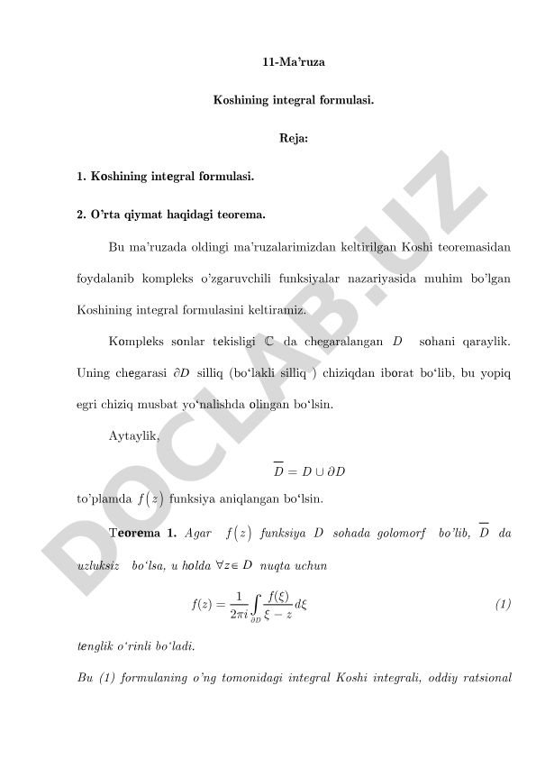 Koshining integral formulasi va o'rta qiymat haqidagi teorema