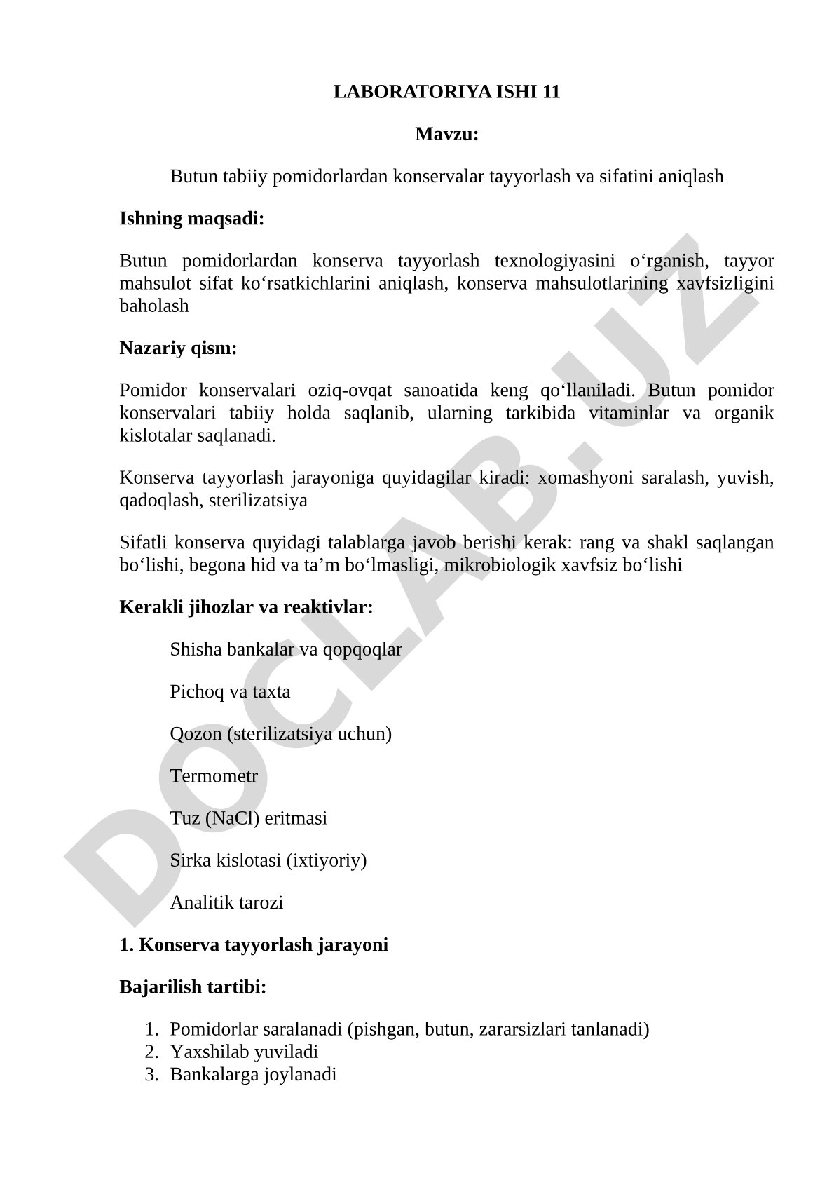 Butun tabiiy pomidorlardan konservalar tayyorlash va sifatini aniqlash