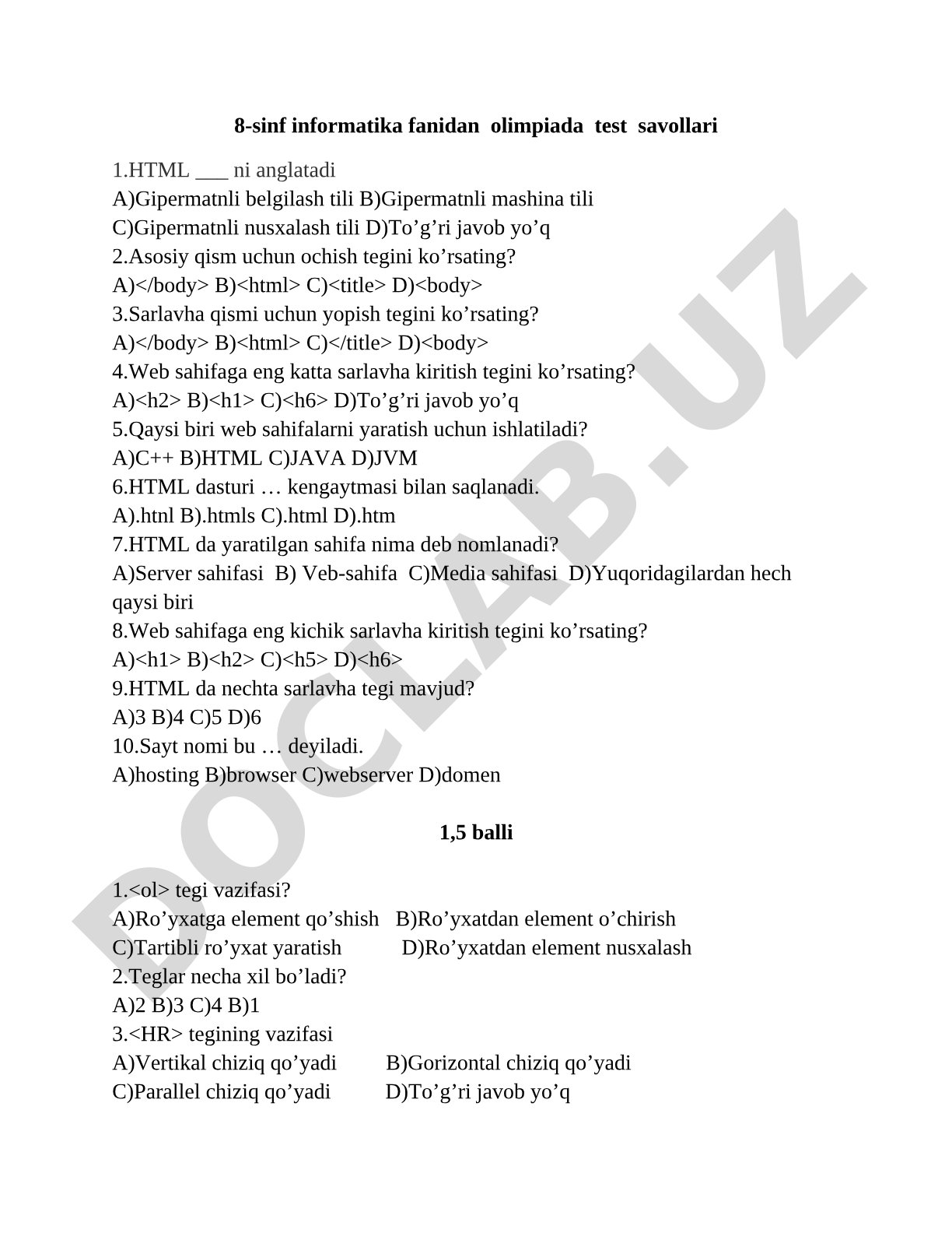 8-sinf informatika fanidan olimpiada test savollari