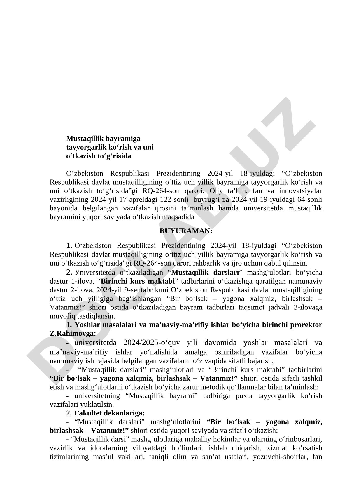 O‘zbekiston Respublikasi davlat mustaqilligining o‘ttiz uch yillik bayramiga tayyorgarlik ko‘rish va uni o‘tkazish