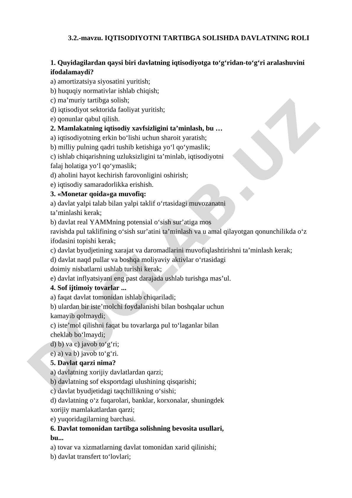 Iqtisodiyotni tartibga solishda davlatning roli