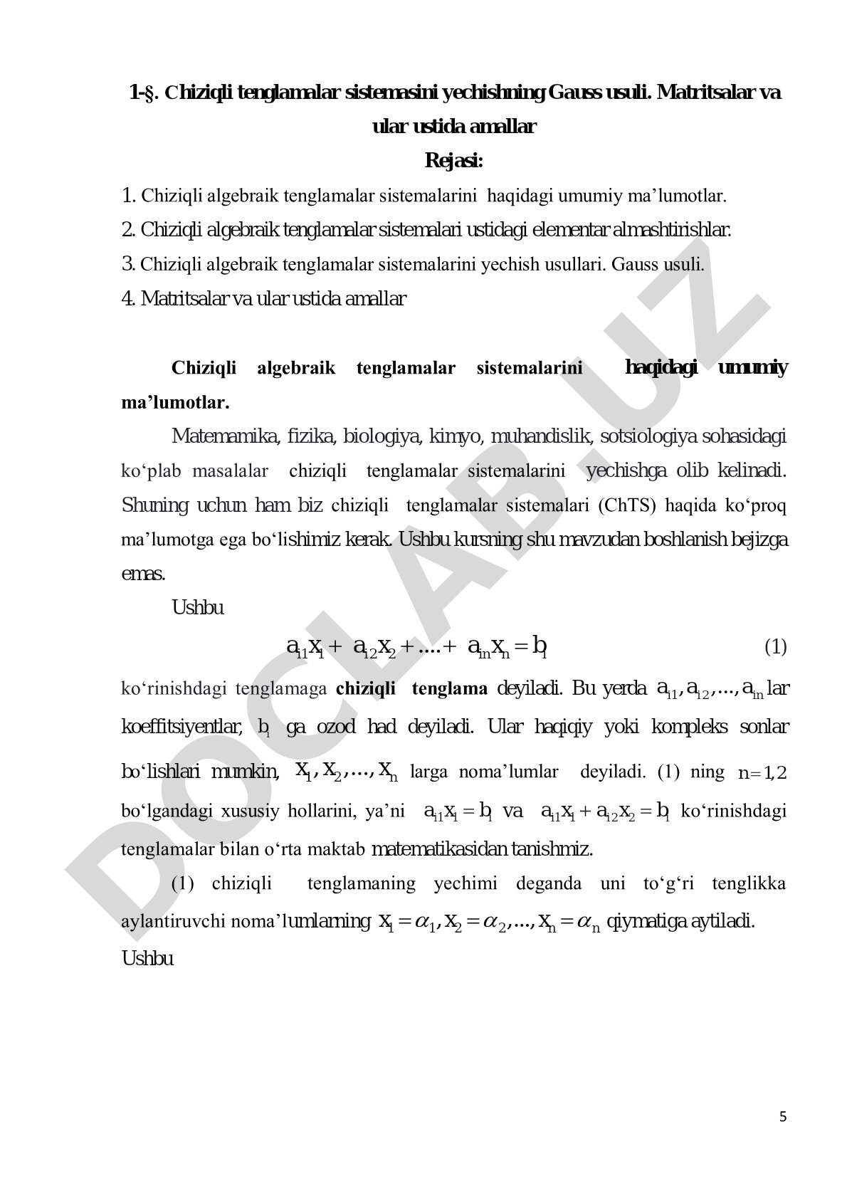 Chiziqli tenglamalar sistemasini yechishning Gauss usuli. Matritsalar va ular ustida amallar