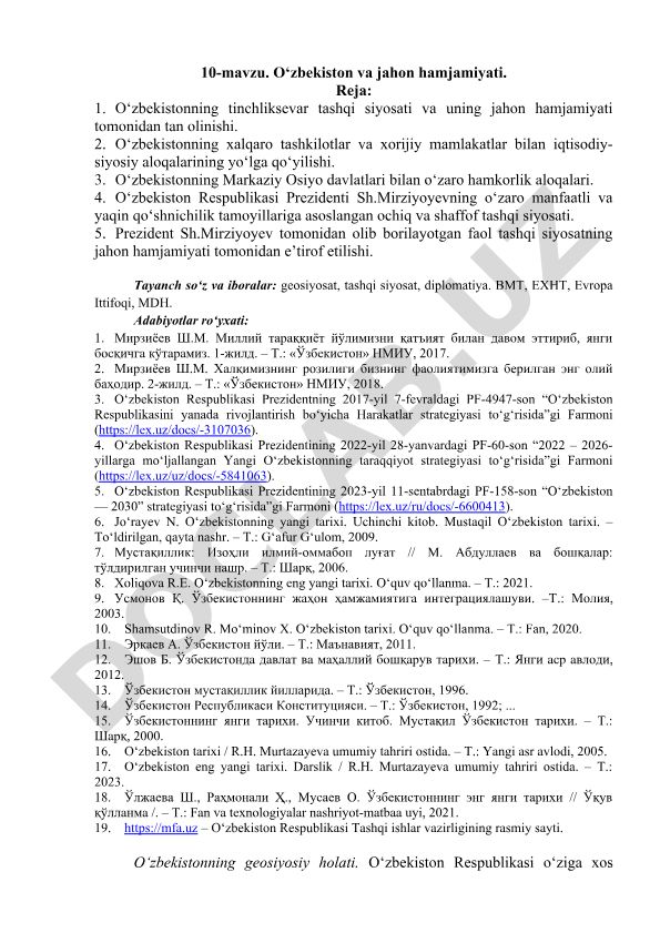 O‘zbekistonning tashqi siyosati va jahon hamjamiyati bilan aloqalari