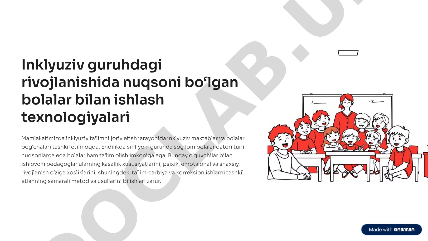 Inklyuziv guruhdagi rivojlanishida nuqsoni bo8lgan bolalar bilan ishlash texnologiyalari