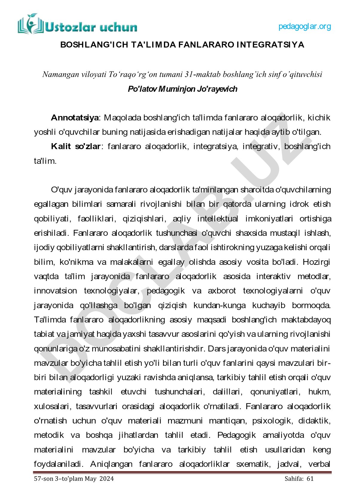 Boshlang'ich ta'limda fanlararo integratsiya