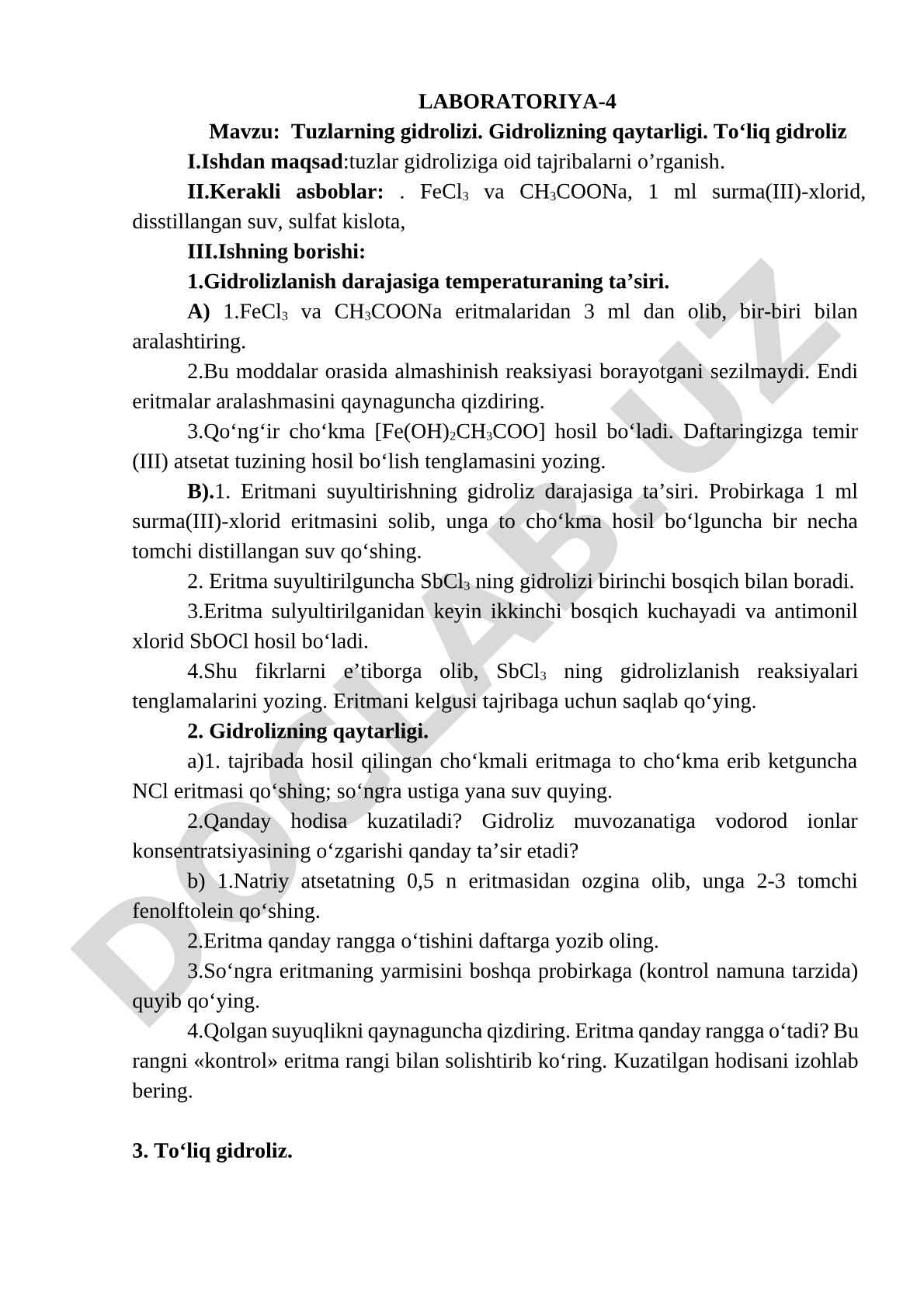 Tuzlarning gidrolizi. Gidrolizning qaytarligi. To‘liq gidroliz