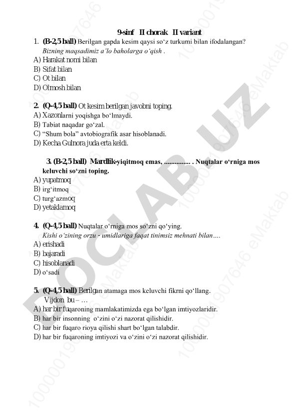 9-sinf o'zbek tili test savollari