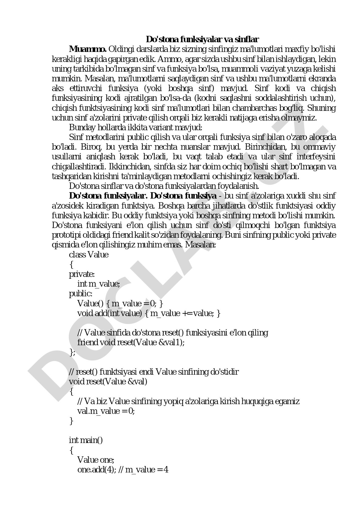 Do'stona funksiyalar va sinflar