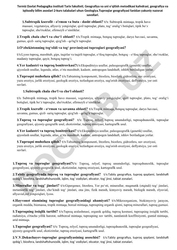 Geologiya va tuproqlar geografiyasi fanidan yakuniy nazorat savollari