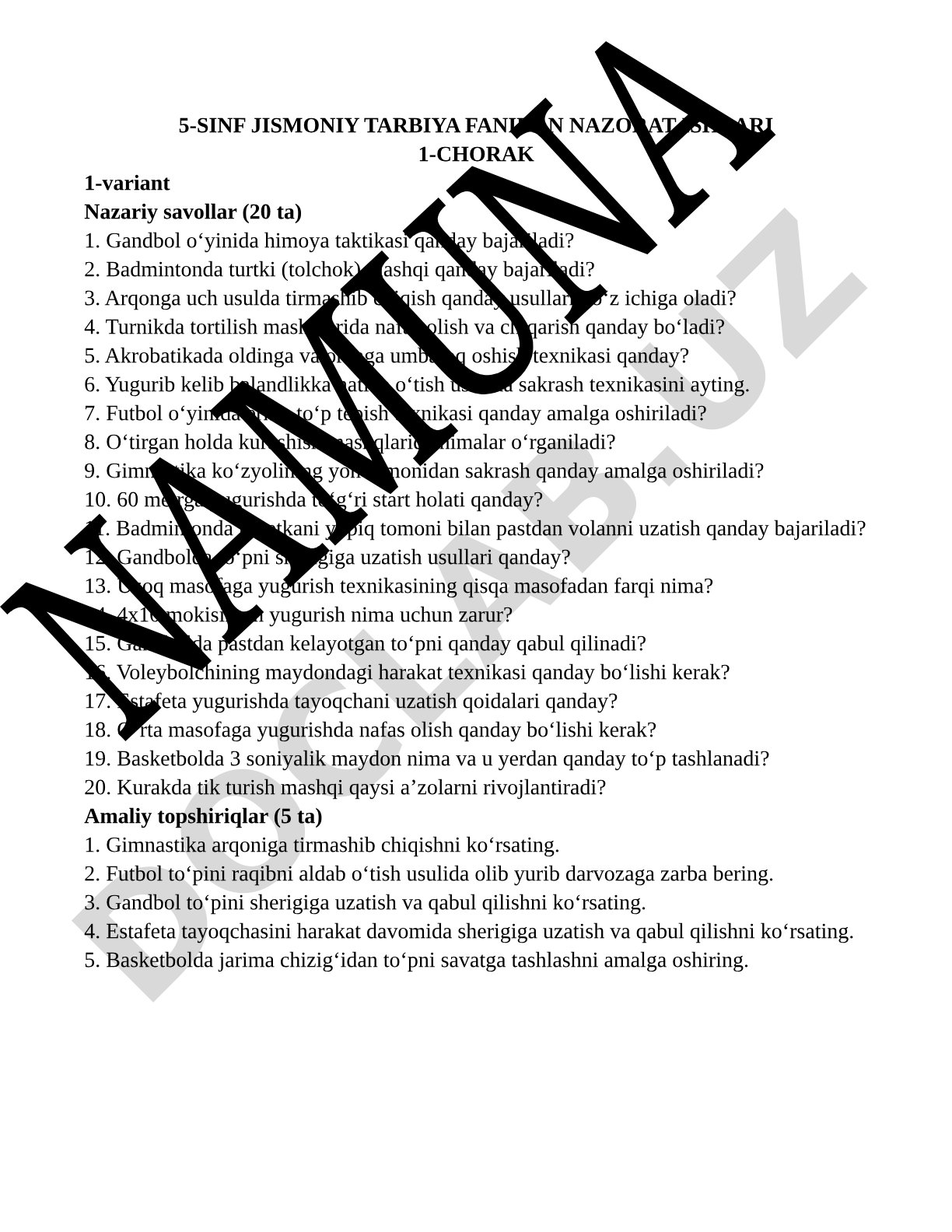 5-sinf jismoniy tarbiya fanidan nazorat ishlari 1-chorak 1-variant
