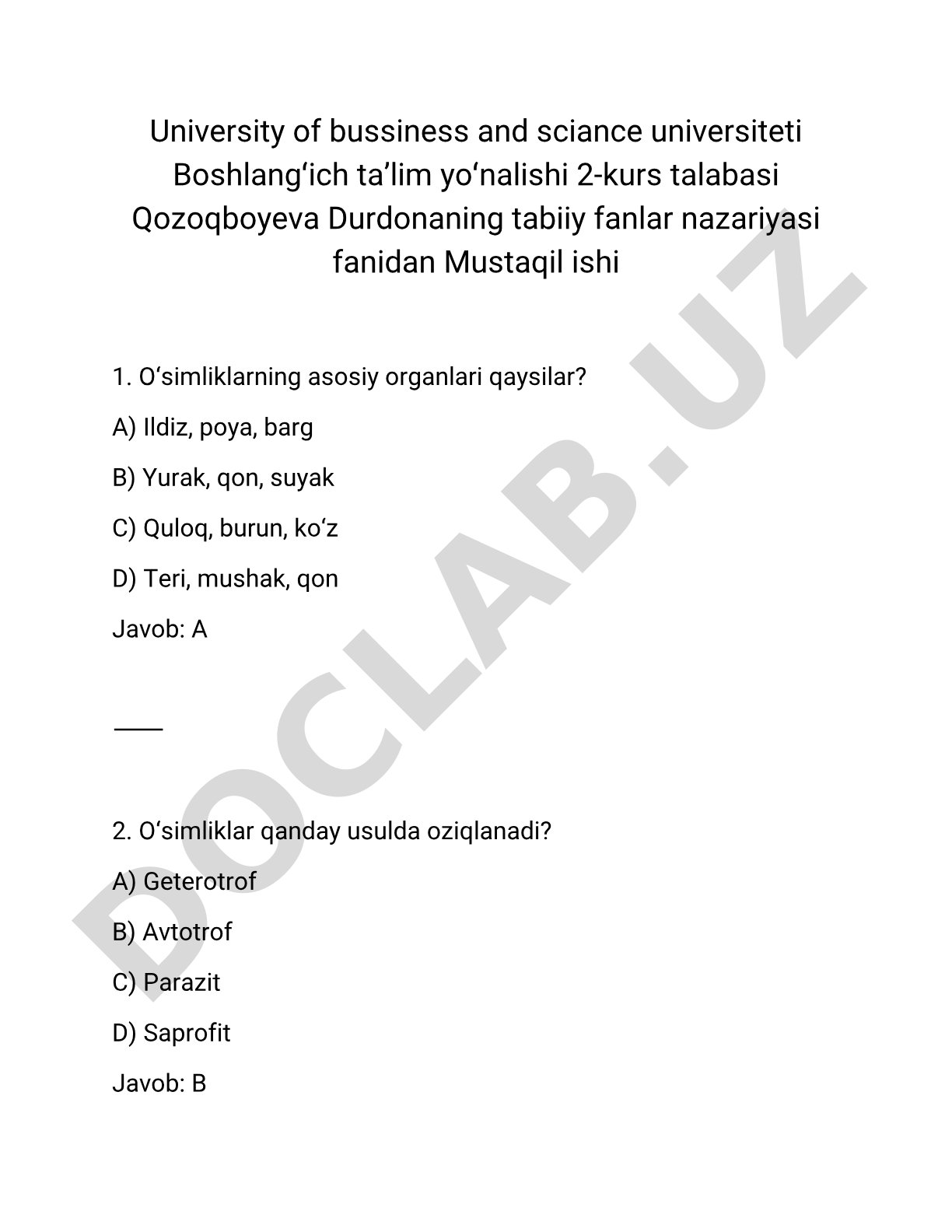 O'simliklarning asosiy organlari, oziqlanishi, fotosintezi va ko'payishi
