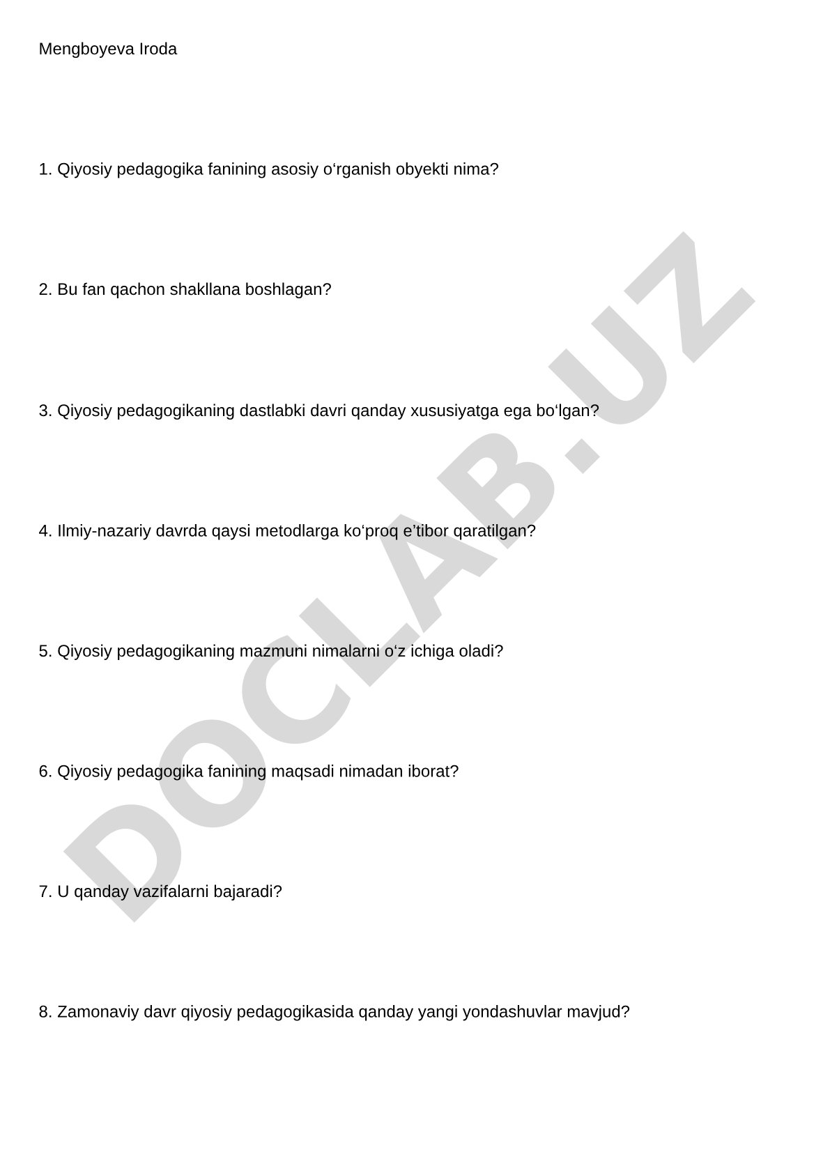 Qiyosiy pedagogika fanining asosiy savollari
