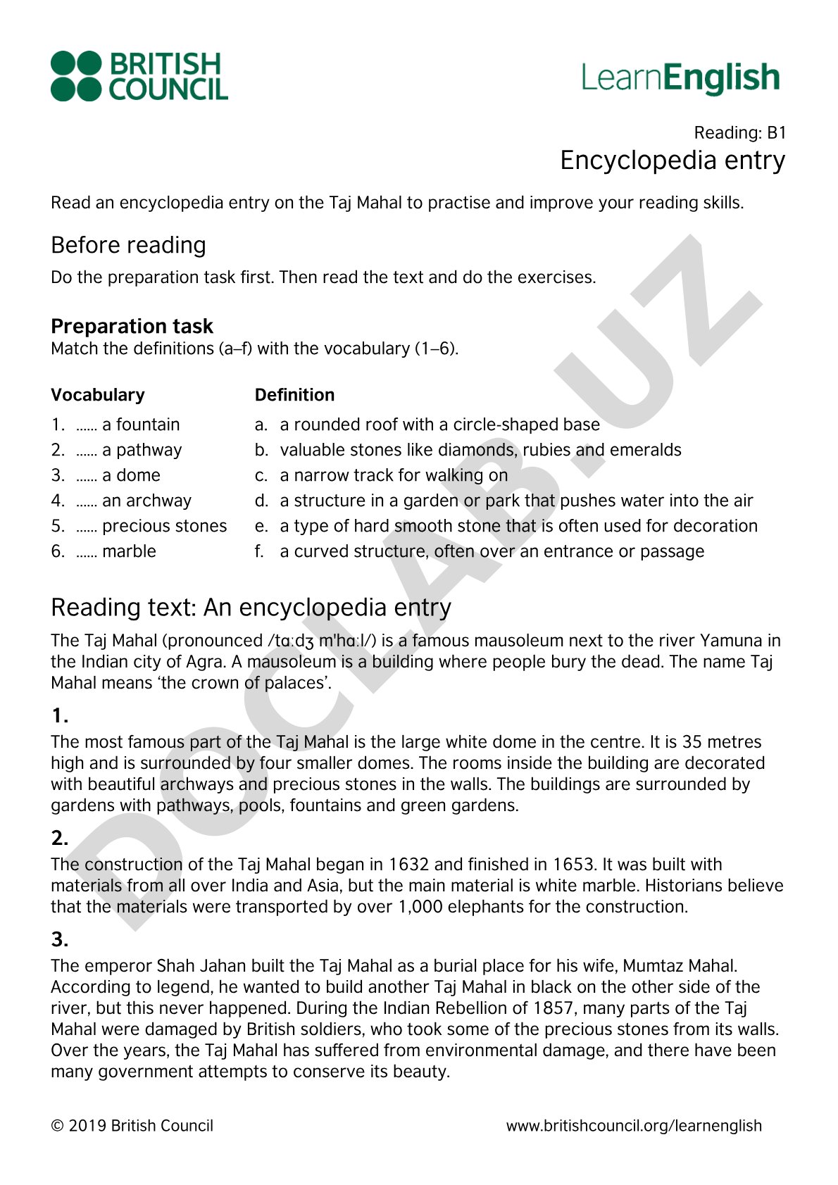 Taj Mahal encyclopedia entry reading practice