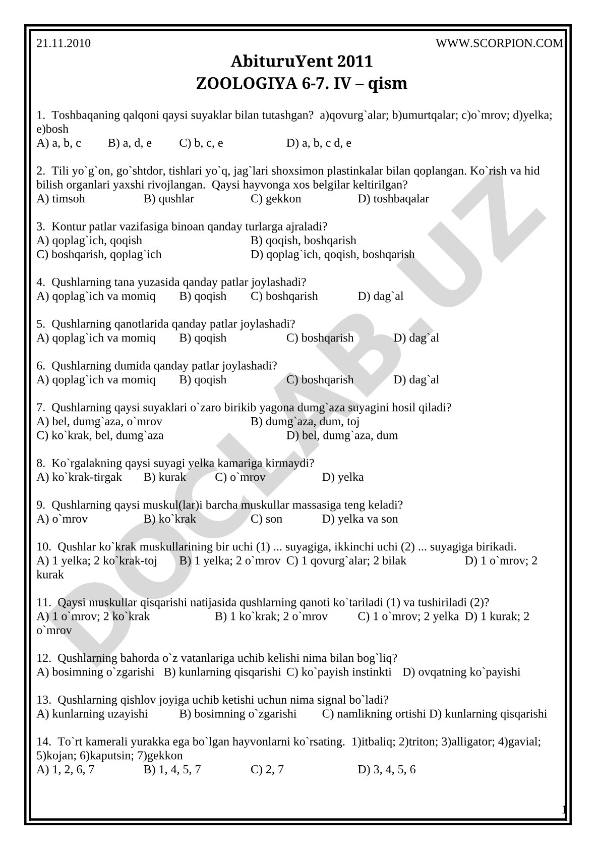 Zoologiya 6-7-sinf IV qism test savollari