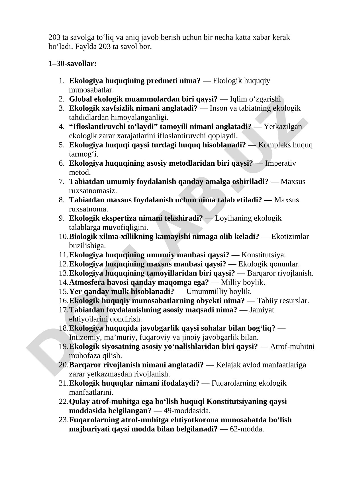 Ekologiya huquqi bo'yicha 203 savolga javoblar