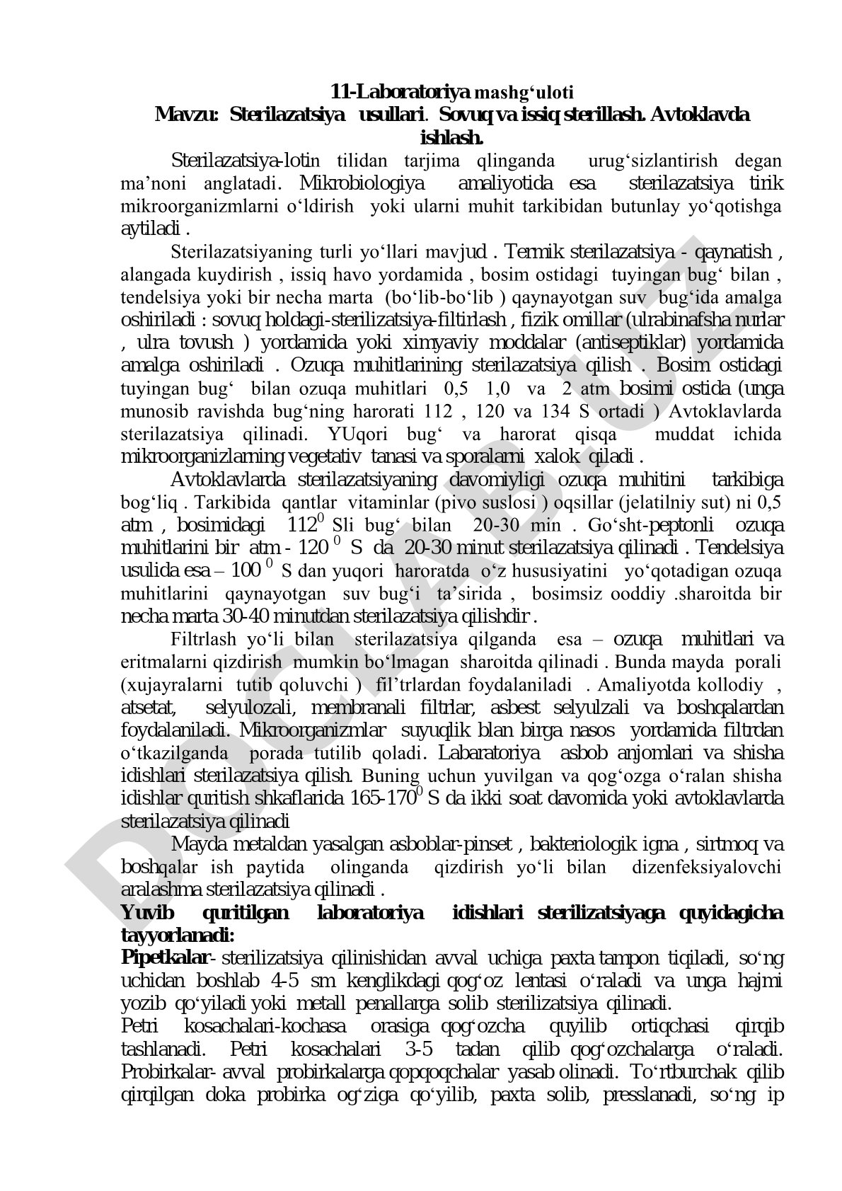 Sterilazatsiya usullari. Sovuq va issiq sterillash. Avtoklavda ishlash
