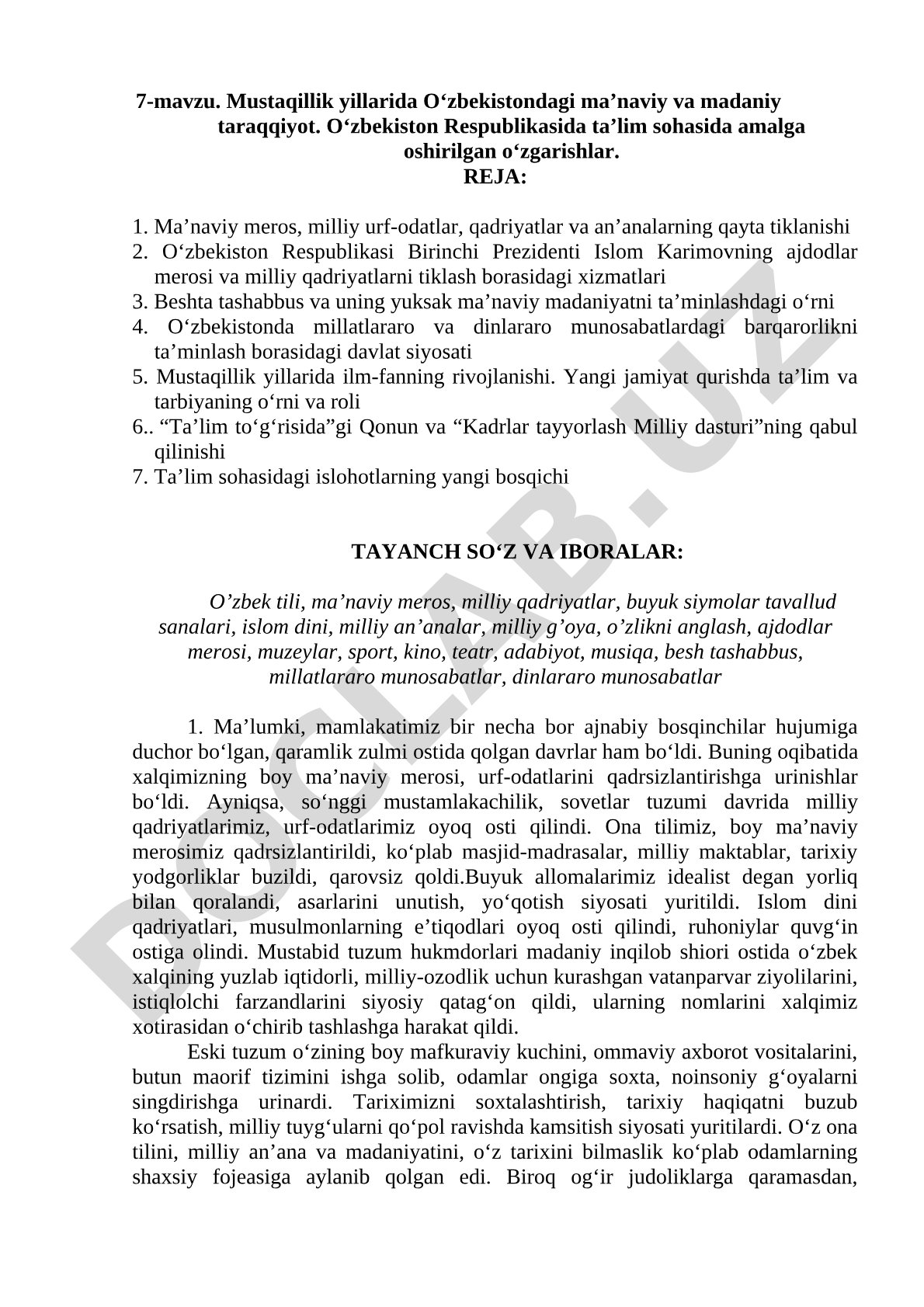 Mustaqillik yillarida O‘zbekistondagi ma’naviy va madaniy taraqqiyot