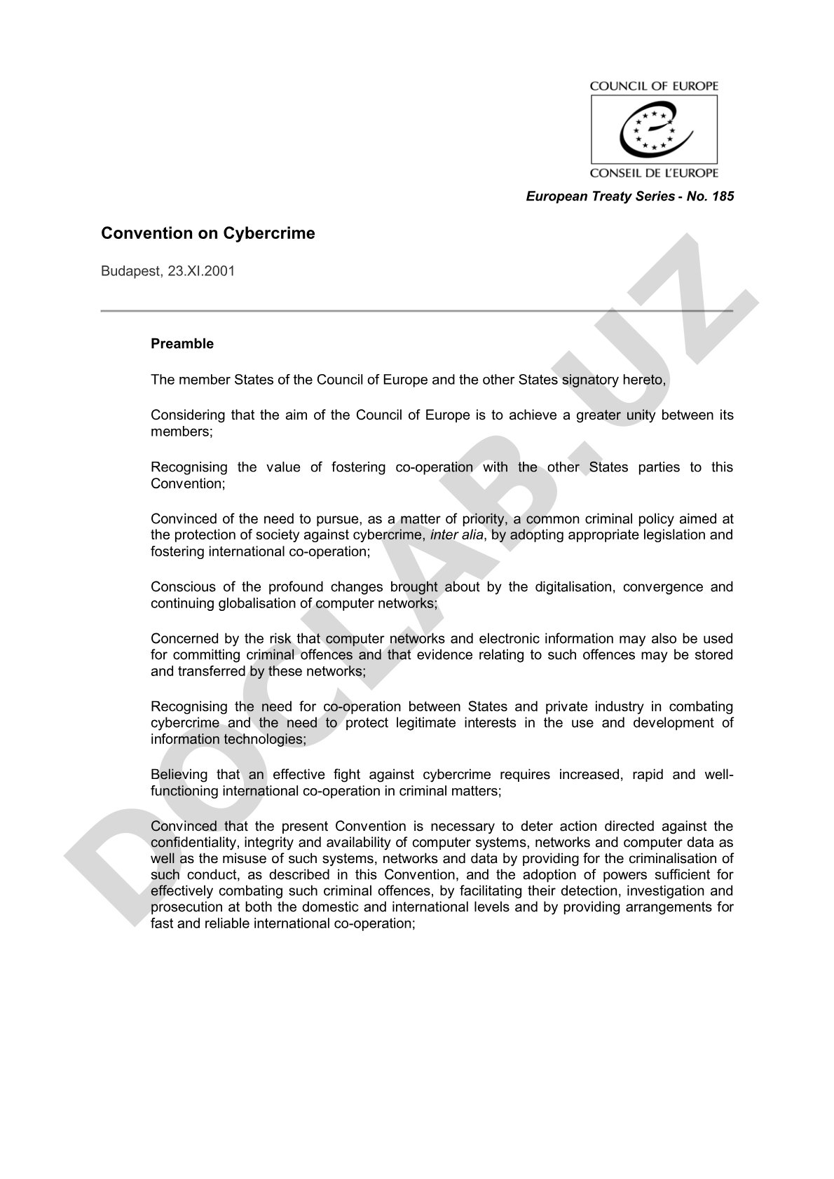 Council of Europe treaty on combating cybercrime and international cooperation