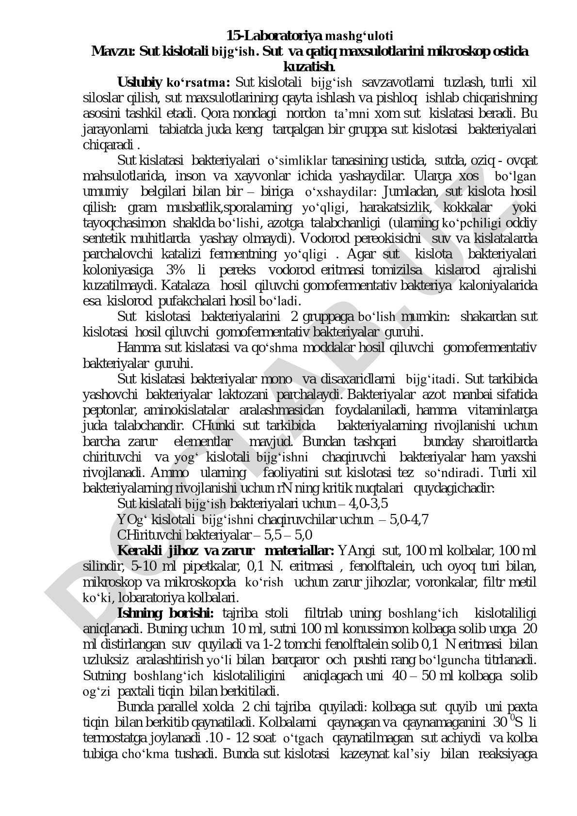 Sut kislotali bijg'ish. Sut va qatiq maxsulotlarini mikroskop ostida kuzatish