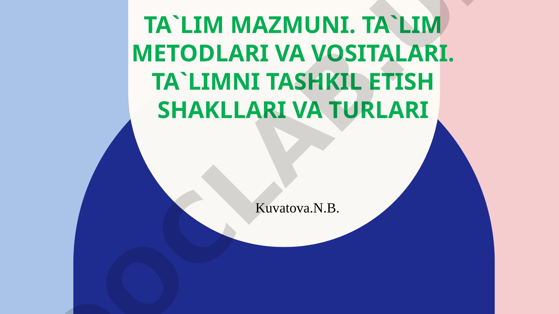 Ta'lim mazmuni, metodlari va vositalari, tashkil etish shakllari