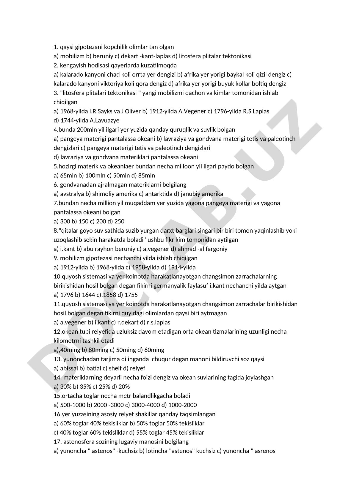 Litosfera plitalari tektonikasi bo'yicha test savollari