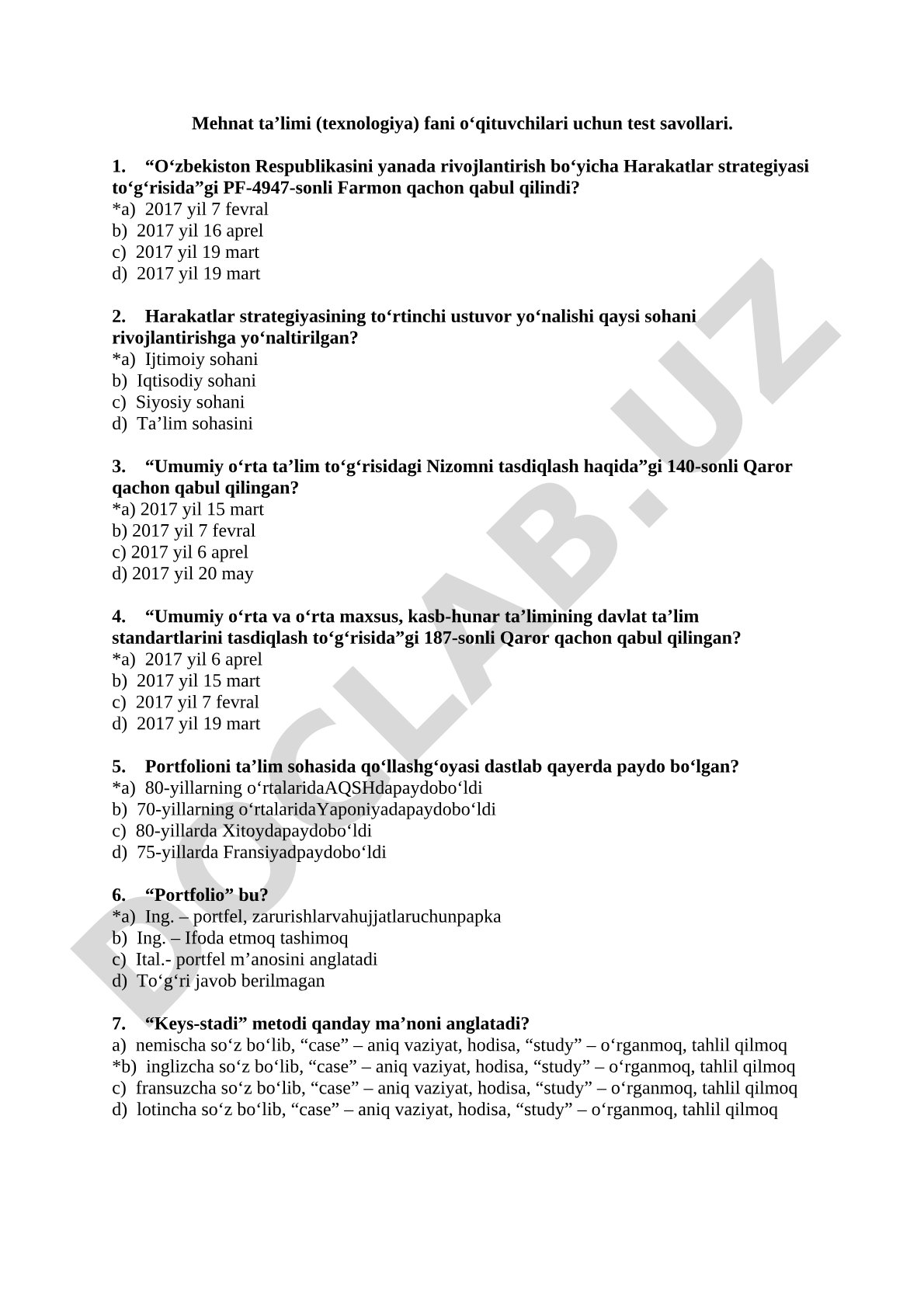 Mehnat ta’limi (texnologiya) fani o‘qituvchilari uchun test savollari
