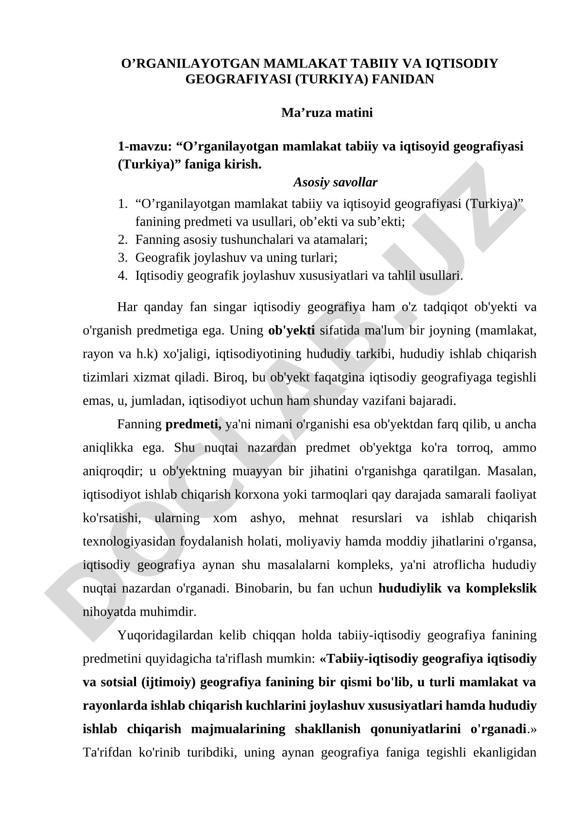 O‘rganilayotgan mamlakat tabiiy va iqtisodiy geografiyasi (Turkiya) faniga kirish