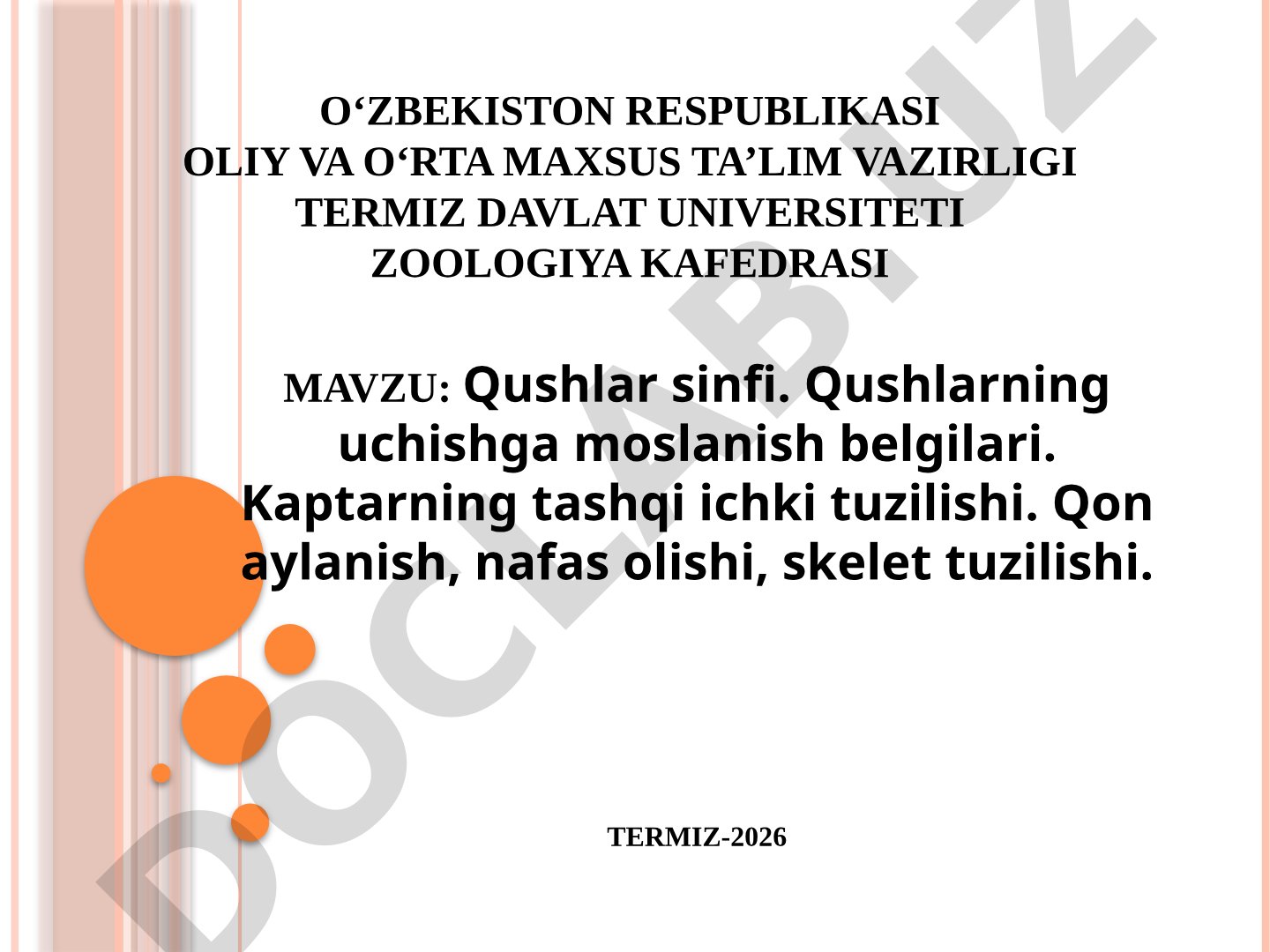Qushlar sinfi. Qushlarning uchishga moslanish belgilari. Kaptarning tashqi ichki tuzilishi. Qon aylanish, nafas olishi, skelet tuzilishi