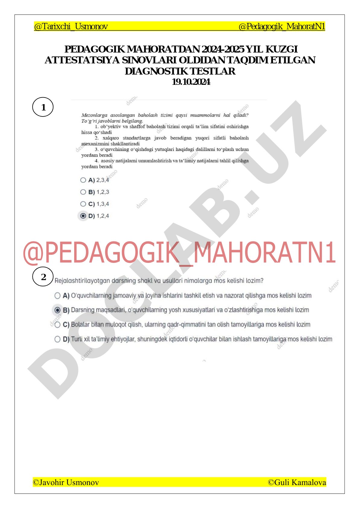 Pedagogik mahoratdan diagnostik testlar