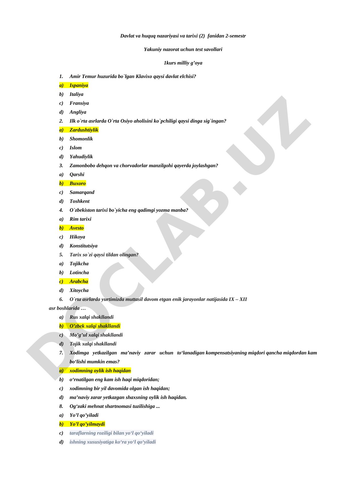 Davlat va huquq nazariyasi va tarixi fanidan test savollari