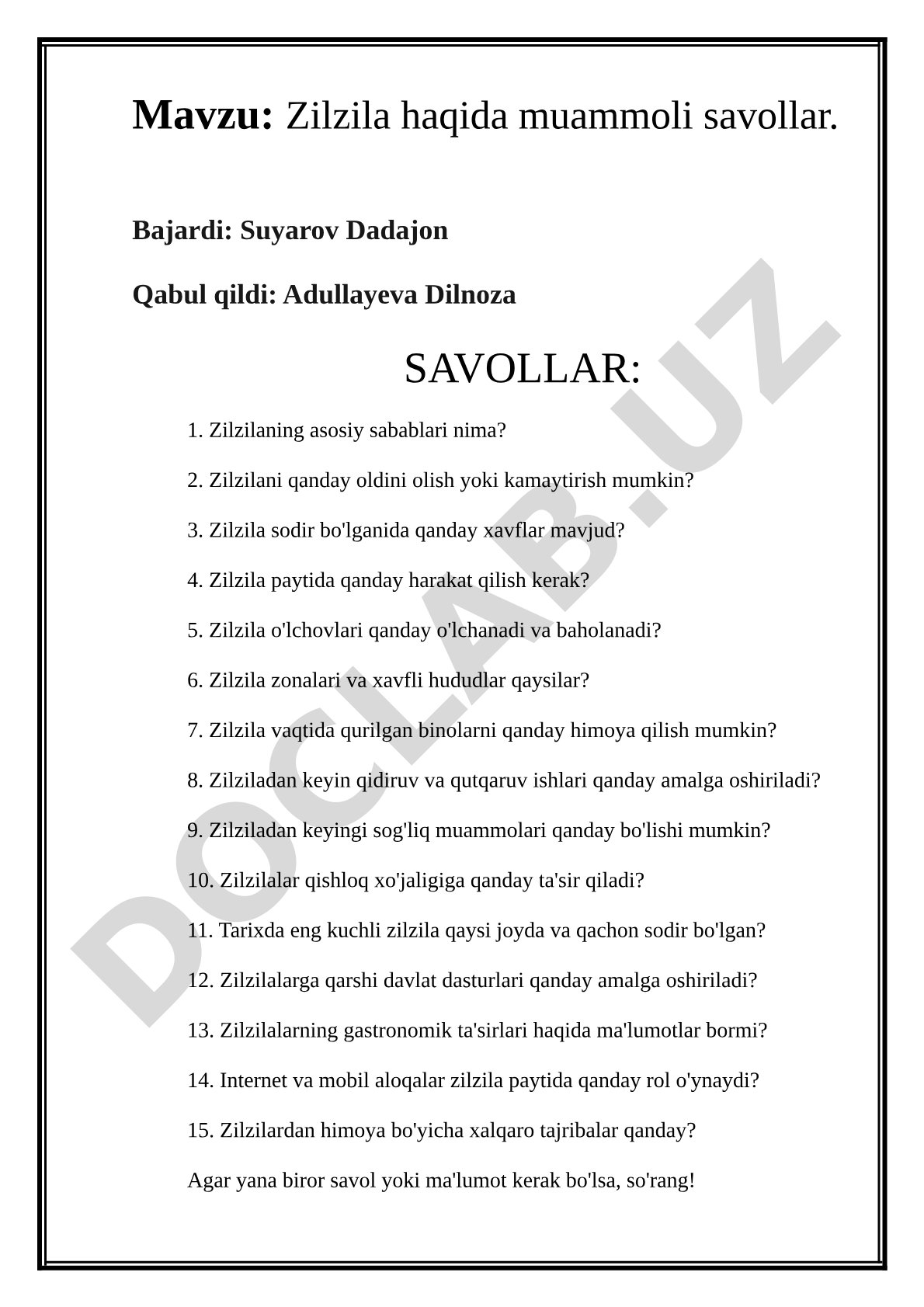 Zilzila haqida muammoli savollar