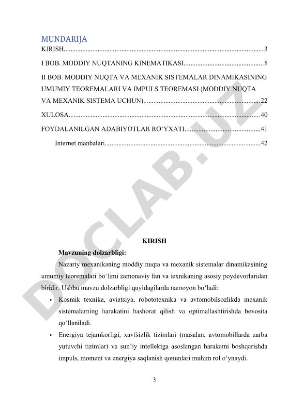 Moddiy nuqta va mexanik sistemalar dinamikasining umumiy teoremalari