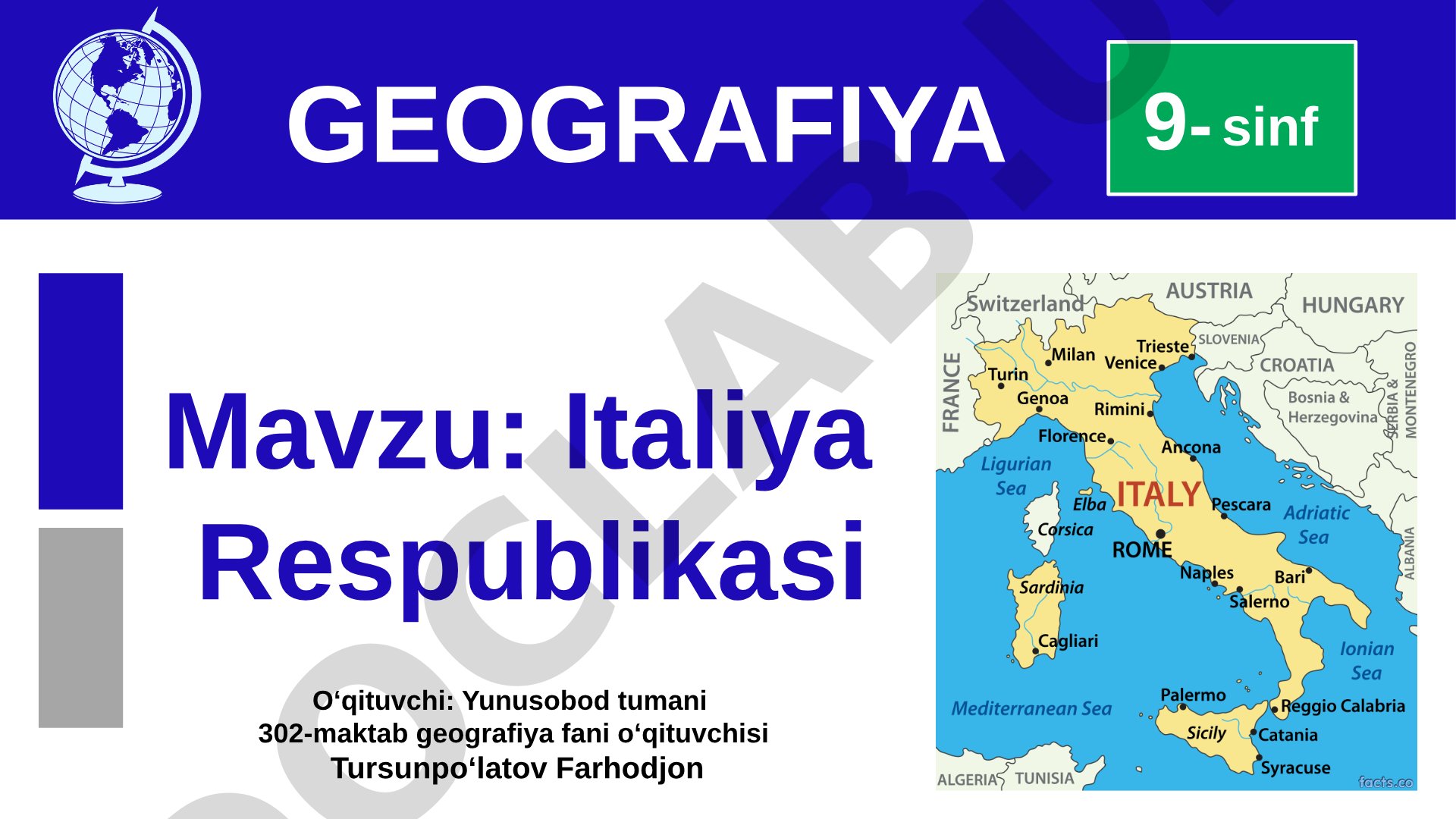 Italiya Respublikasi 9-sinf geografiya