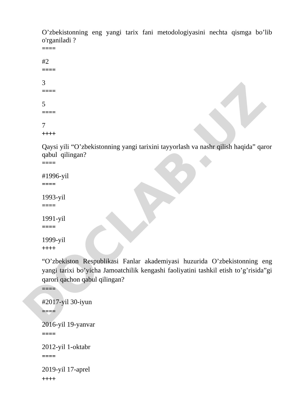 O'zbekistonning eng yangi tarixi fanidan test savollari