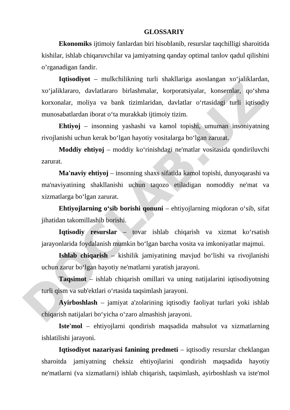 Iqtisodiyot fanidan glossariy